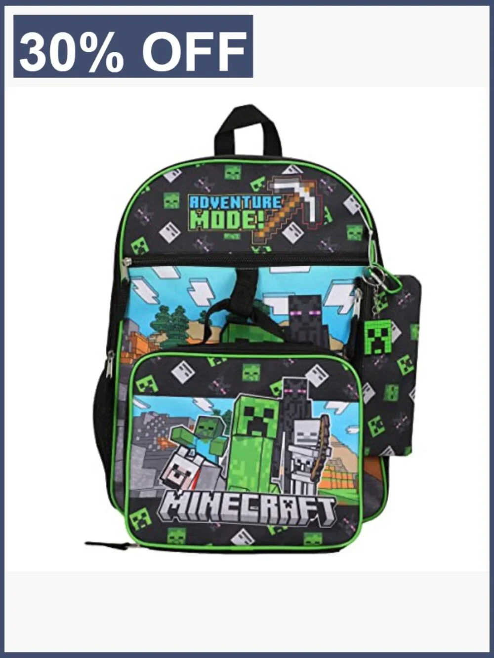 Unisex Minecraft 5-Piece Backpack Set with Lunch Kit & Accessories